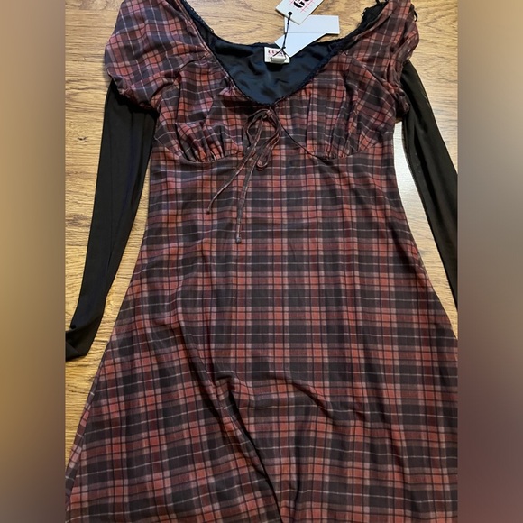 Guess vtg nwt check mesh mini dress mesh sleeve 90s school plaid sheer L - Picture 8 of 16